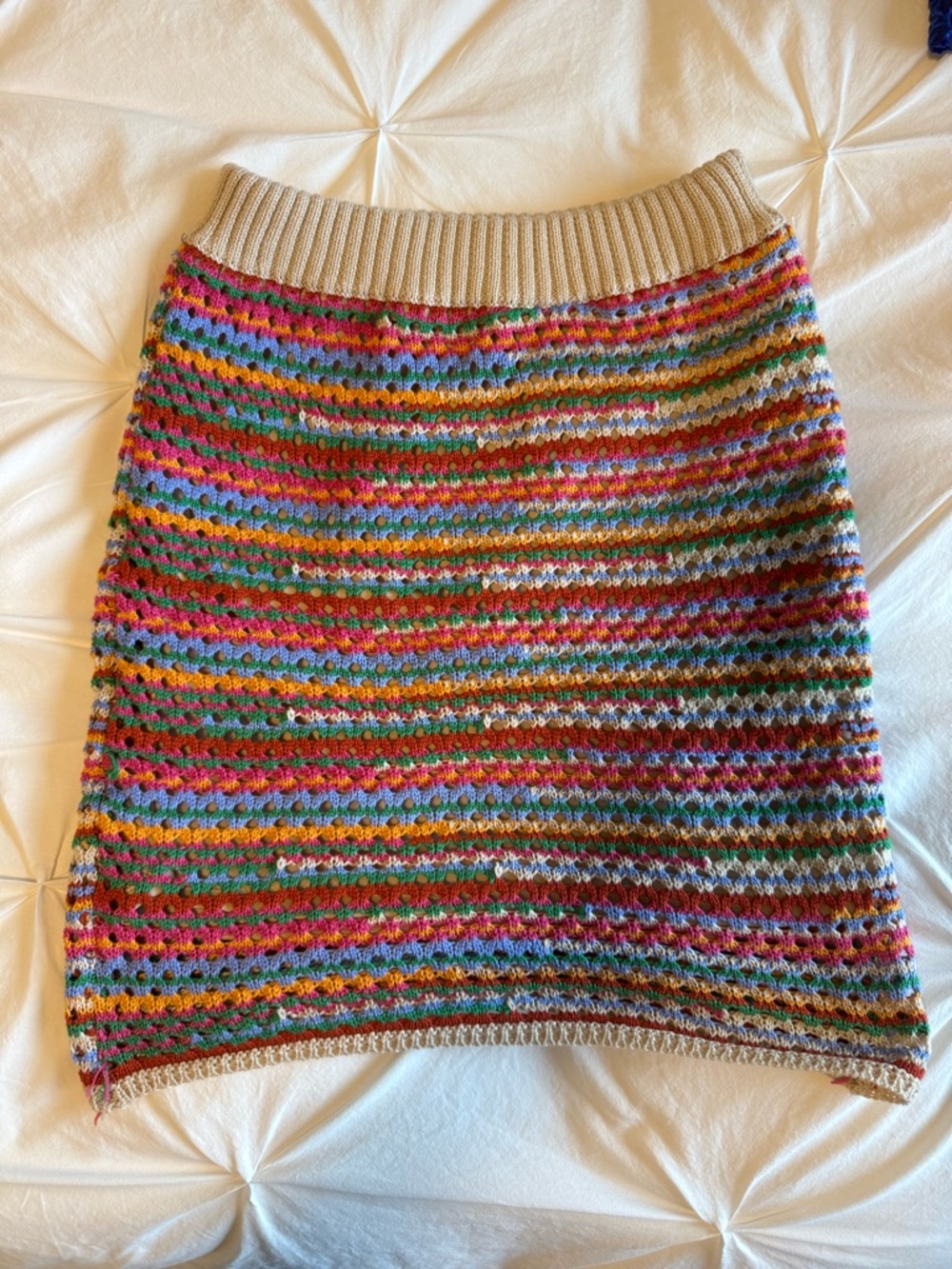 Lush Multicolor Crochet Knit Mini Skirt with Cream Waistband